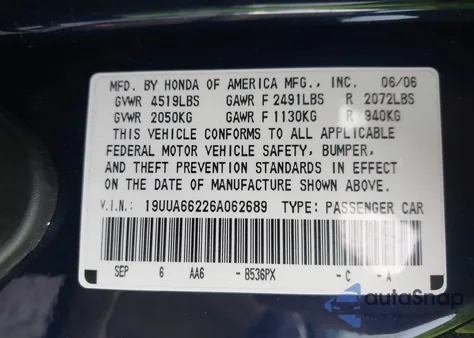 2006 Acura Tl z USA, uszkodzony, nr VIN 19UUA66226A062689